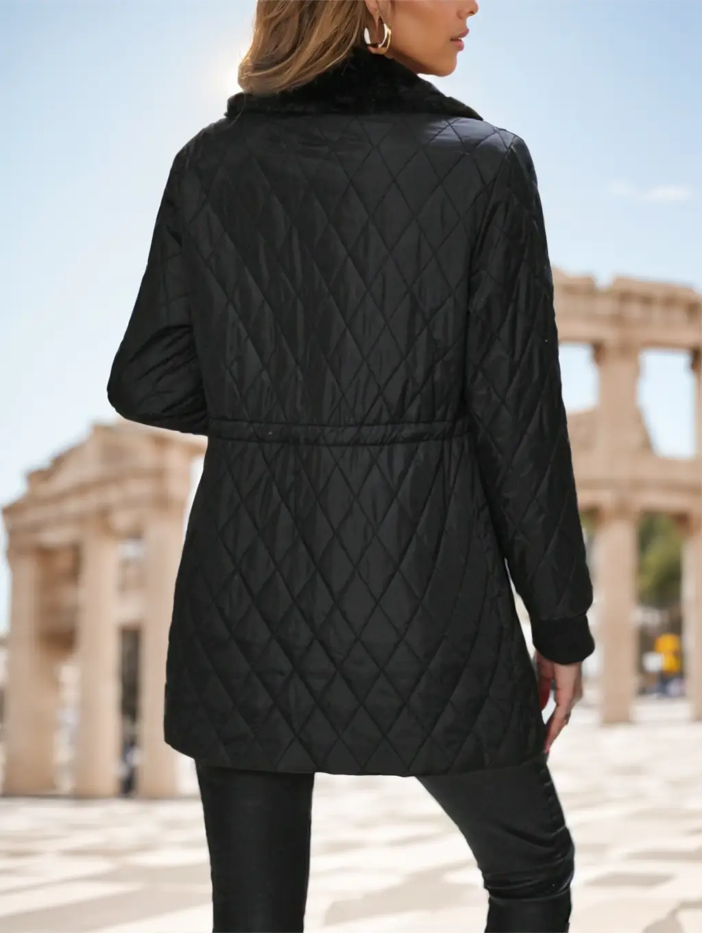 black quilted faux fur collar padded winter coat with elastic waistband and fur-lined collar designed for cold weather wear