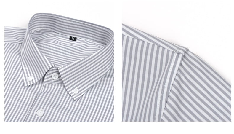 Ein schickes grau-weiß gestreiftes Stretch-Langarm-Kleidhemd für Herren mit klassischem Kragen.
