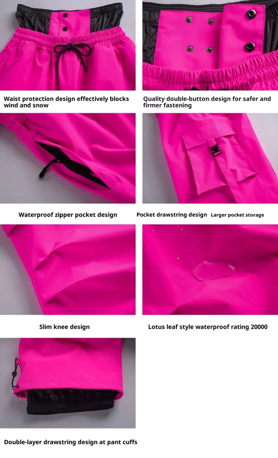 Bright pink waterproof winter outdoor loose ski pants with black accents, double-button closures, and a lotus leaf style water resistance rating of 20000.