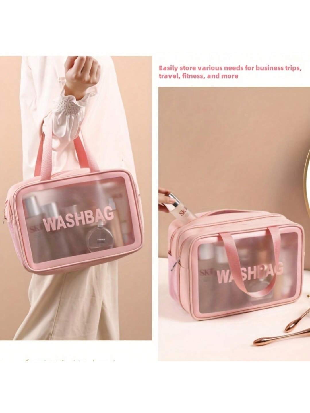 Rosafarbene transparente Waschtasche mit passenden Griffen und klarem Frontpanel, das das Wort washbag zeigt; gestaltet als Reisekosmetiktasche mit Trennung von trocken und nass und Wäsche-Organizer.