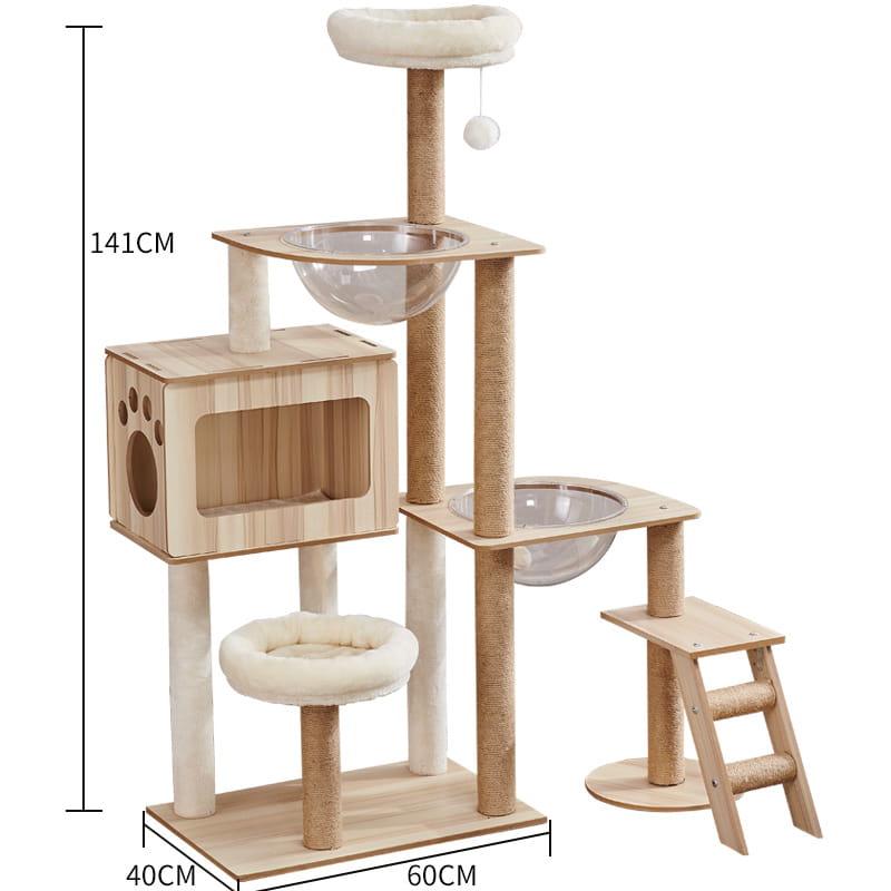Beige and light wood wooden cat tree scratching post and condo featuring multi-level platforms, scratching posts, a hammock perch, two glass bowls, and an attached ladder.