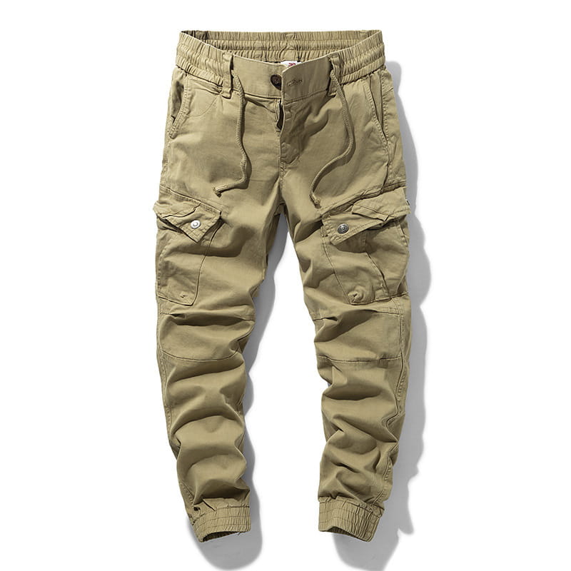 Japanese retro multipocket casual cargo trousers in khaki color featuring multiple pockets and elastic cuffs for a comfortable fit.