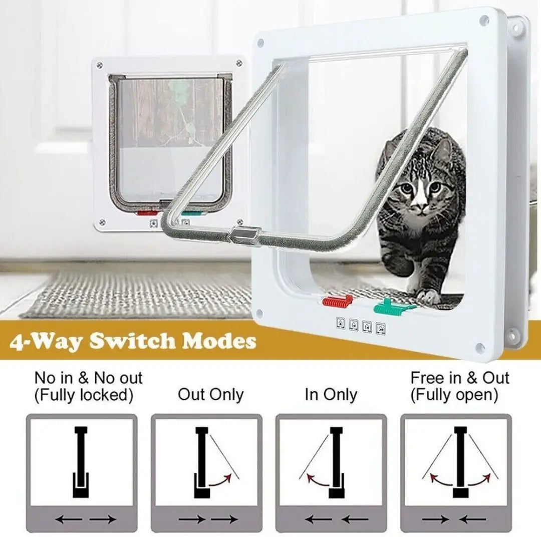 white plastic xl pet door 4 way locking magnetic dog cat flap with transparent panel and metal frame showing a tabby cat stepping through