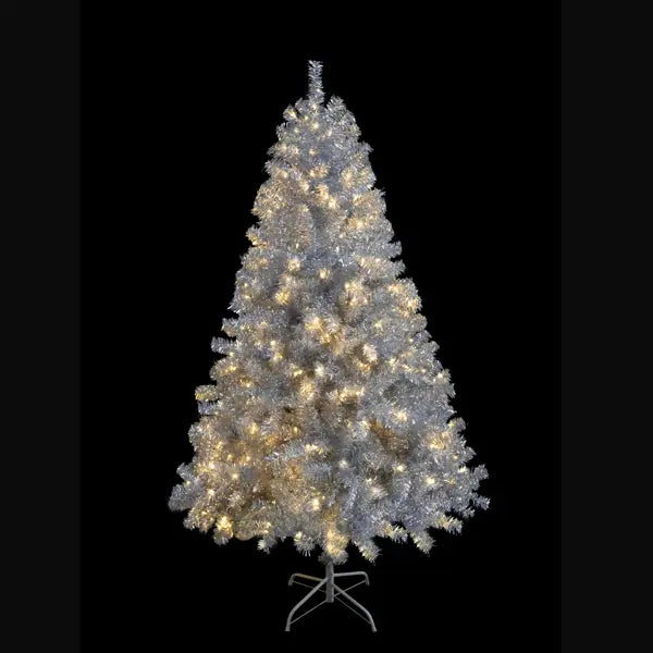 Silver pre-lit artificial christmas tree made of metallic material with warm white LED lights.