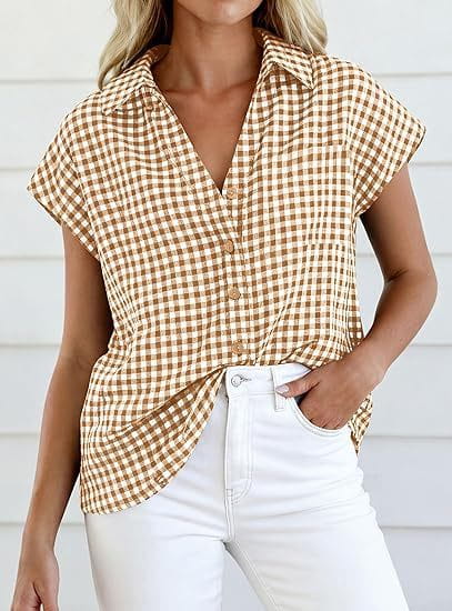 A beige and brown gingham plaid button up blouse with short sleeves a collar and a front knot detail.