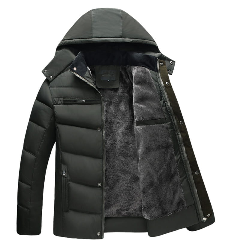 Black quilted winter jacket with a hood and plush gray fleece lining designed for warmth and comfort.