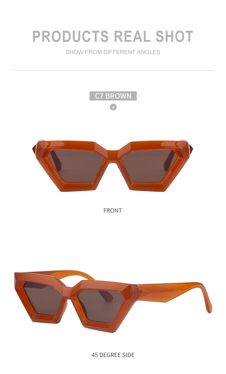Modern irregular cat eye uv400 geometric sunglasses with orange-tinted glossy plastic frame and dark lenses.