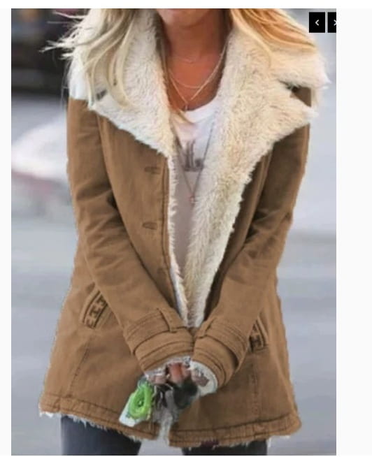 tan corduroy plush lapel cotton coat for women with a cream-colored shearling collar and cuffs