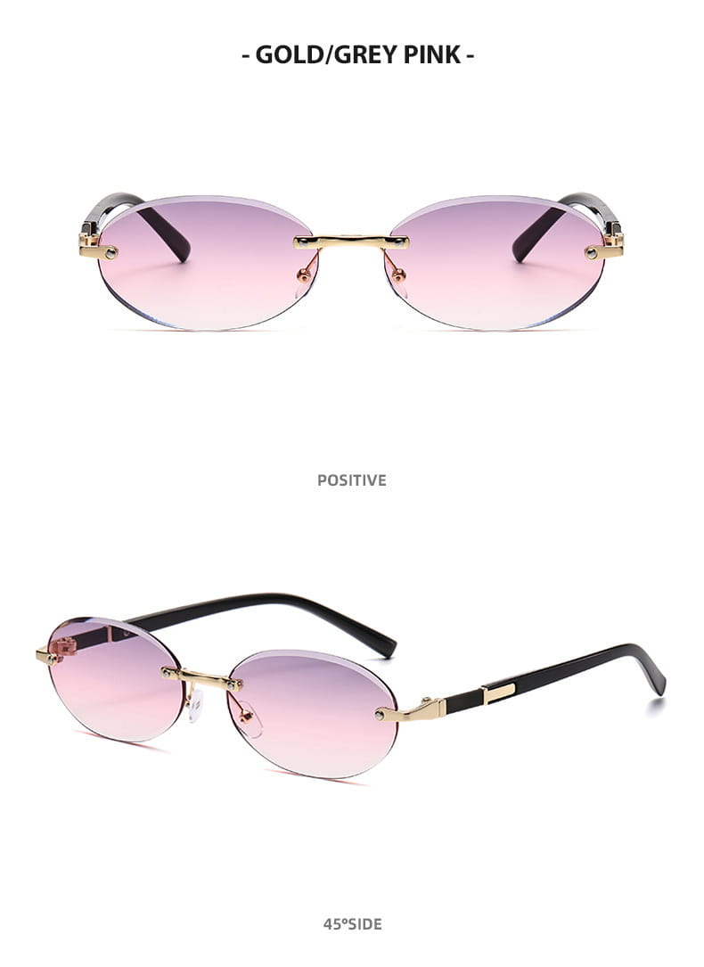 Gold-toned frameless oval UV400 fashion sunglasses with gradient pink to grey lenses, metal accents, and black temple arms.