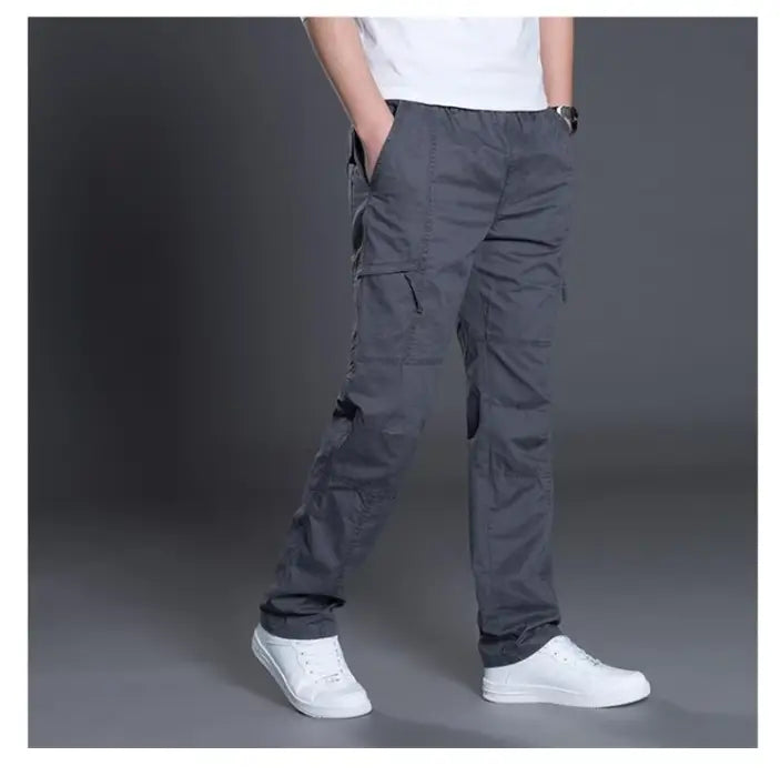 Men’s relaxed fit cargo pants in dark gray with multiple pockets made from pure cotton for comfortable casual wear.