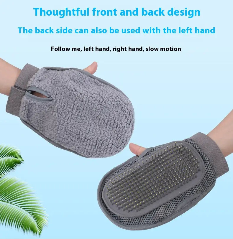 Gray plush-textured pet grooming glove with a mesh back and silicone bristle-covered palm for hair removal and bathing.