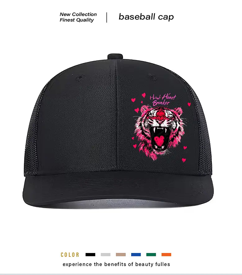 Black baseball cap featuring a vibrant pink tiger graphic and heart breaker text on the front, designed as a tiger graphic trucker hat for men.