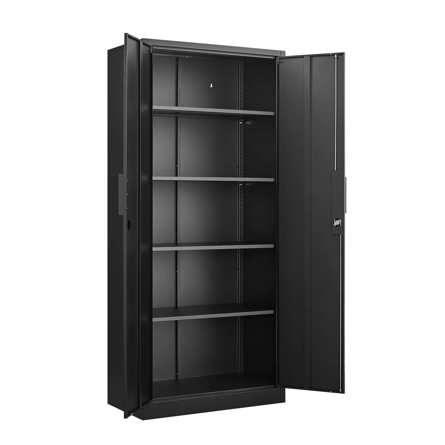 Black metal 70 inch steel locking file cabinet with four adjustable shelves and a lock on the right door.