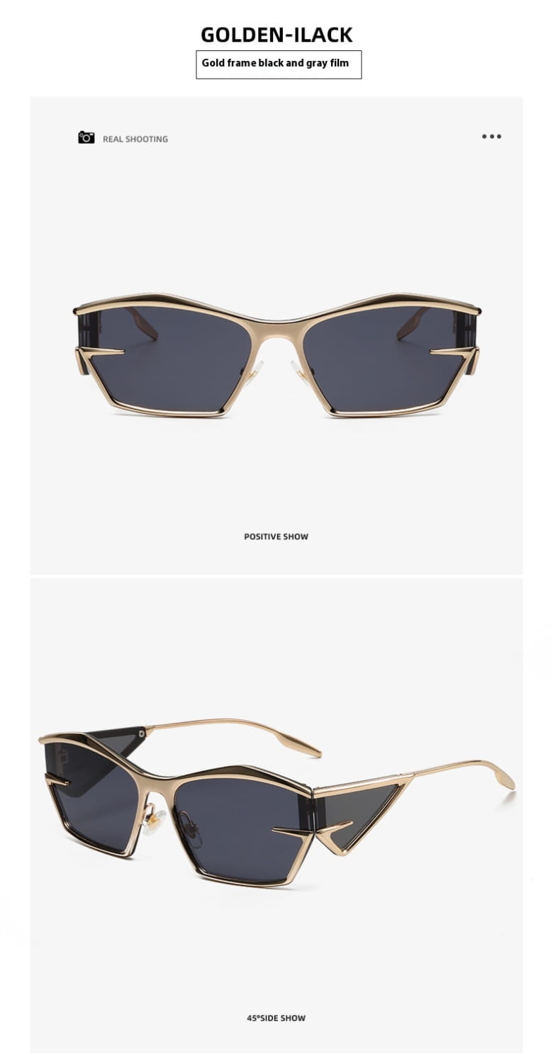 Gold-framed geometric shield UV400 fashion sunglasses with black and gray film lenses featuring a modern design.