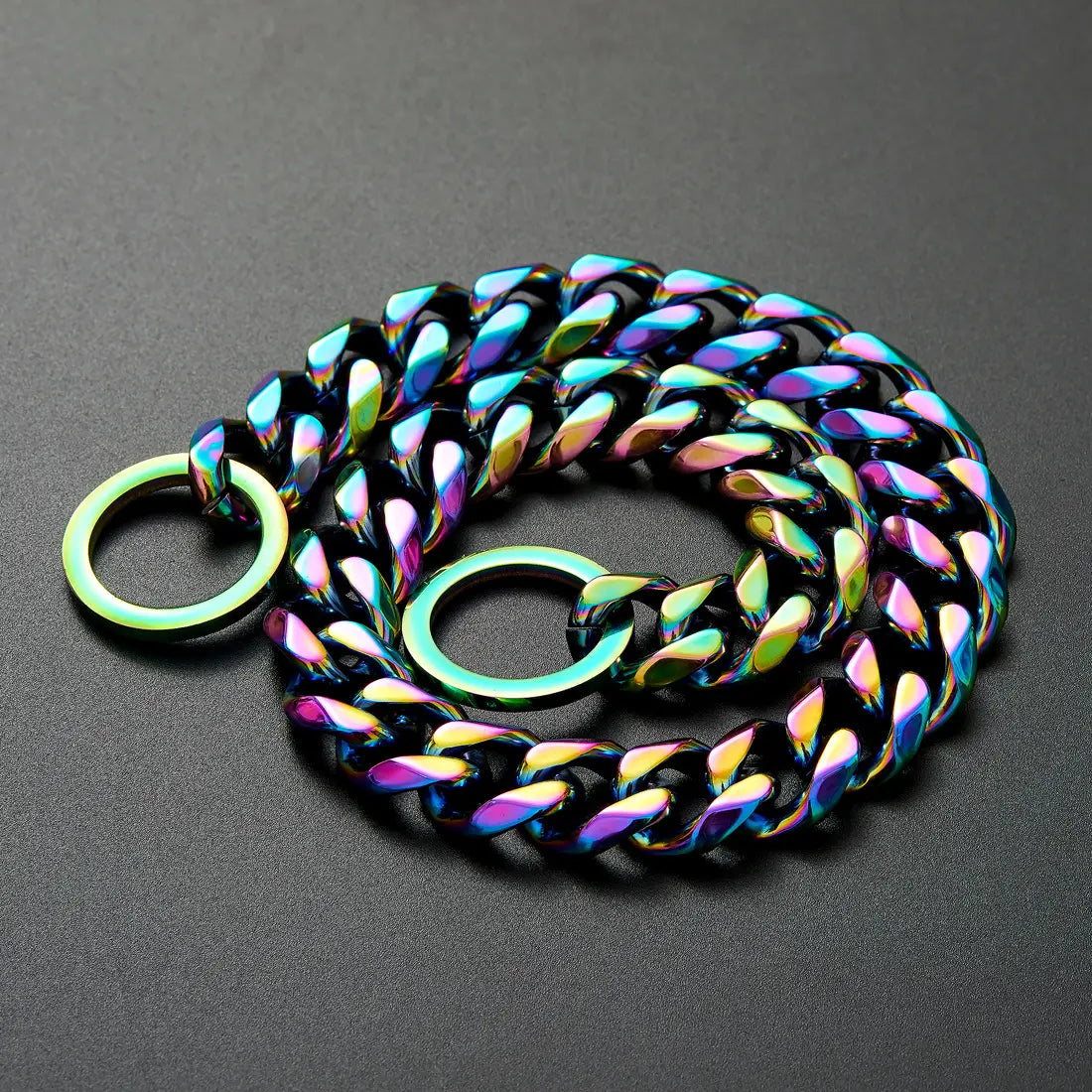 Rainbow stainless steel dog chain collar featuring iridescent bold chunky links and matching circular rings.
