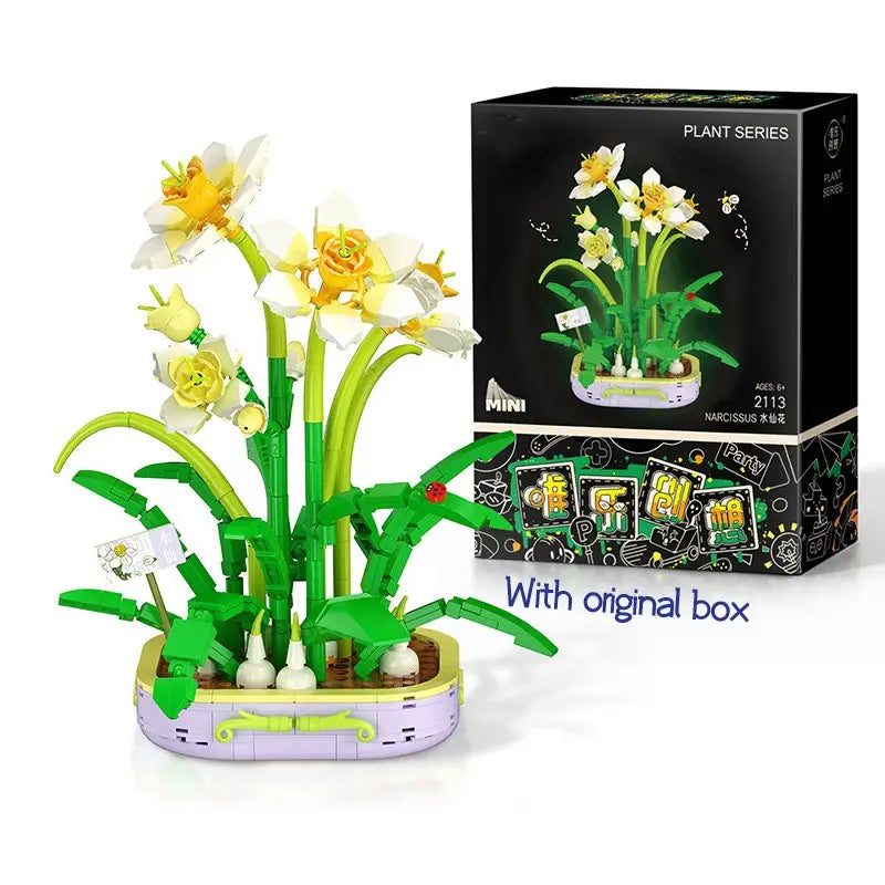 Un vibrant jonquille verte et blanche construite à partir de briques en plastique s’imbriquant les unes dans les autres, présentée dans un pot lavande aux accents jaunes provenant du jeu de blocs de construction « Bouquet floral violet ».