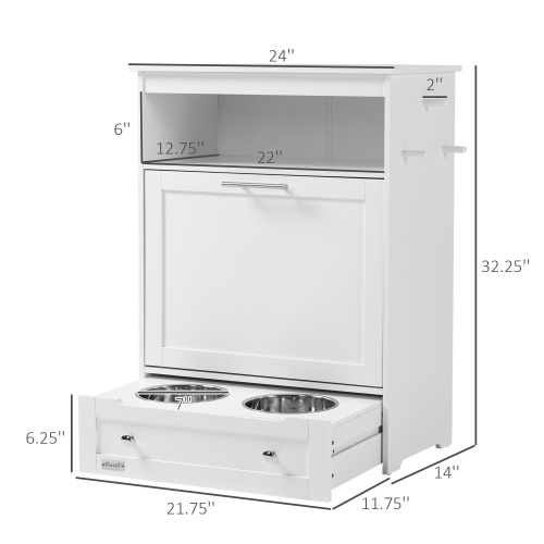 Station d’alimentation pour animaux en bois blanc avec un compartiment de rangement pour la nourriture pour chien, comprenant deux gamelles en acier inoxydable dans un tiroir extractible et un compartiment de rangement supérieur