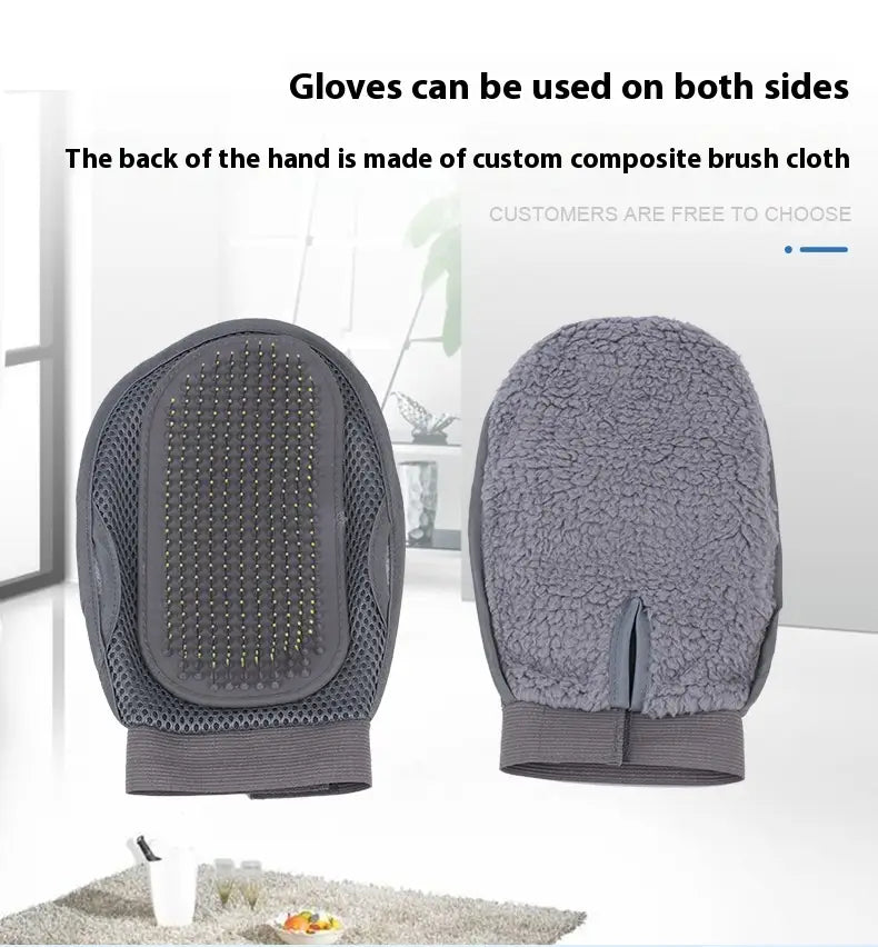 gray composite pet grooming glove with silicone bristle grid on the back side and a textured fuzzy interior for hair removal and bathing.