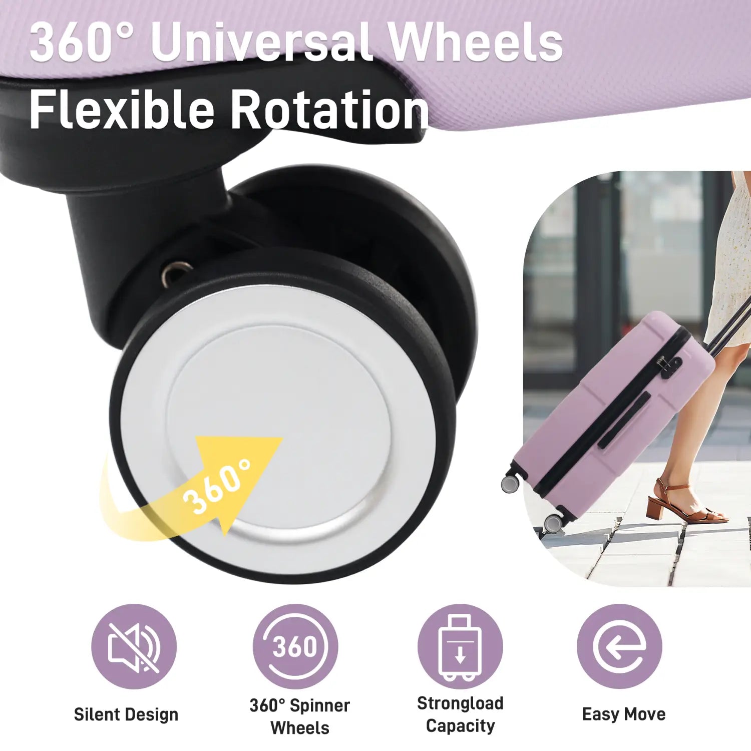 black and white 360-degree spinner suitcase wheel with silent design on the back side of the lavender 6 piece hardshell luggage set with spinner wheels