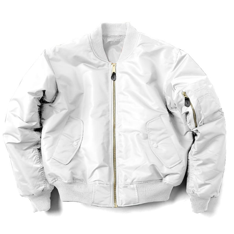 Men’s pilot cotton bomber jacket in white featuring a shiny nylon finish with gold-toned zipper and snap buttons on the pockets.