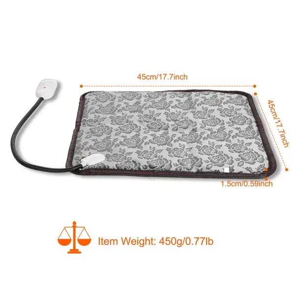 Gray floral-patterned waterproof electric pet heating pad with black border and white power cord