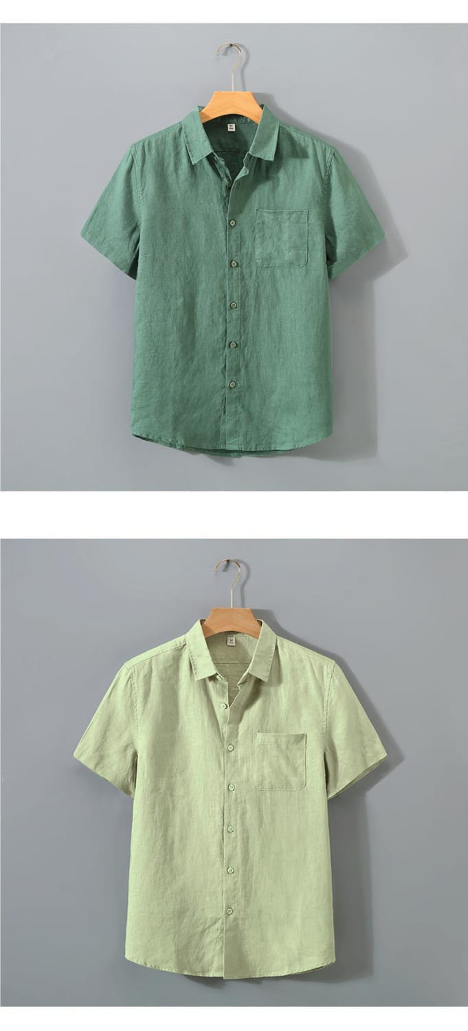 A light green men’s casual short sleeve pure linen button down shirt with a classic collar and chest pocket made from breathable linen fabric.
