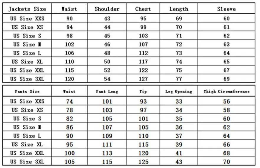 Guide des tailles pour vestes et pantalons pour hommes, en pouces, non repassable, à double boutonnage, avec boutons dorés, de la taille xxs à 3xl.