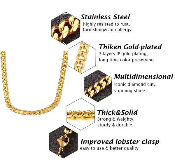 Unisex 18k gold plated stainless steel Cuban link necklace featuring a thick solid chain with an iconic diamond cut for a stunning shine.