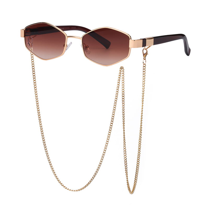 Women’s gold-toned octagonal sunglasses with gradient brown lenses and a matching gold chain strap.
