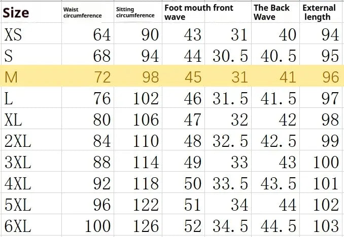 size chart displaying waist and sitting circumference measurements for high waisted denim jeans women straight leg trousers in various sizes from xs to 6xl.