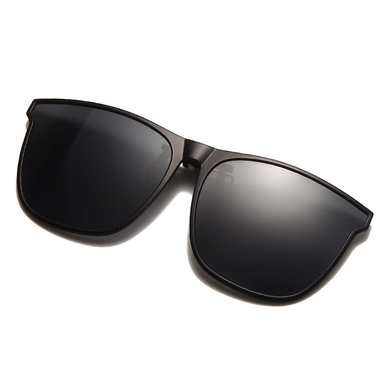 Black rectangular polarized gradient photochromic magnetic clip on sunglasses with sleek modern design and mirrored lenses.