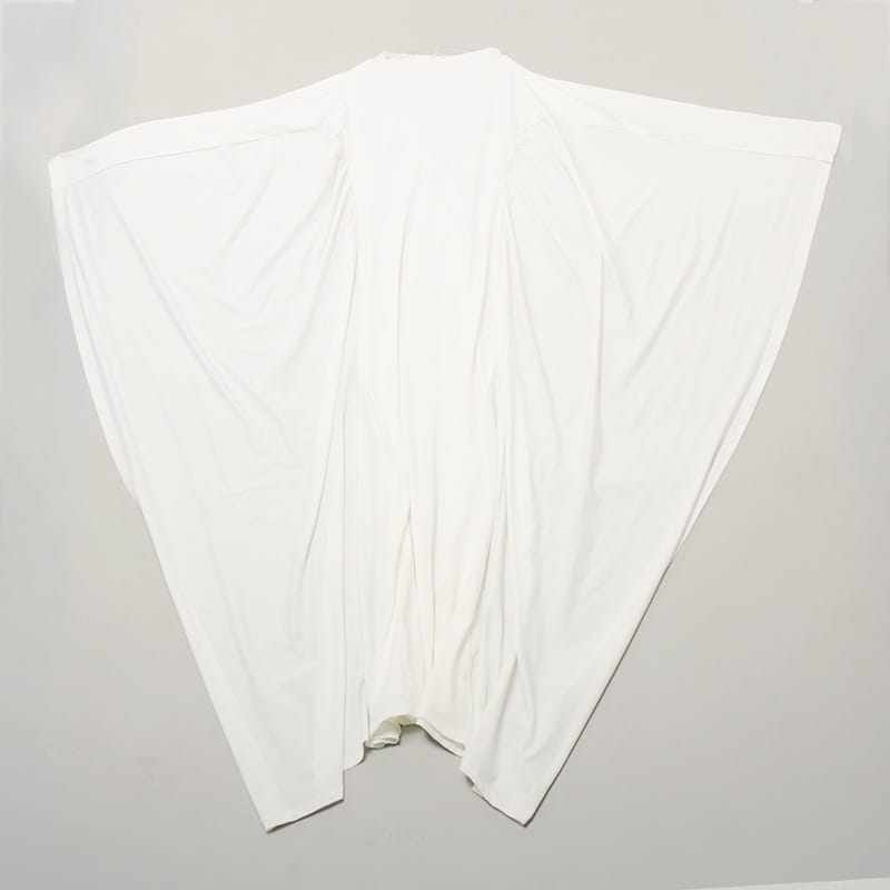white asymmetrical satin batwing sleeve maxi dress with a loose-fitting flowing design wide neckline and tapered legs
