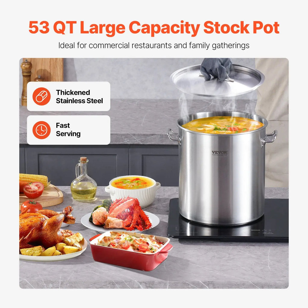 53qt stainless steel stockpot with lid and handles in silver designed for large-scale cooking and capacity