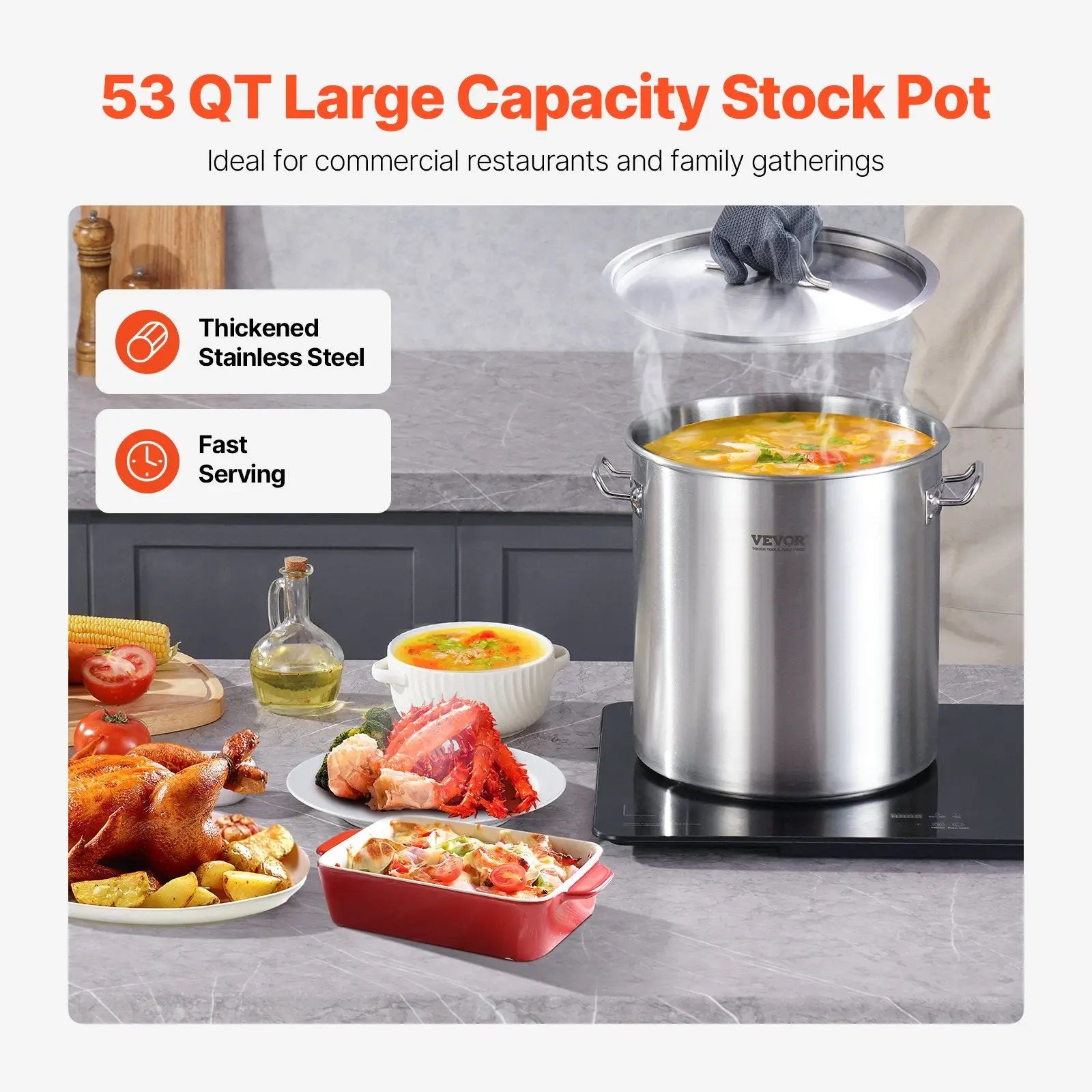 53qt stainless steel stockpot with lid and handles in silver designed for large-scale cooking and capacity
