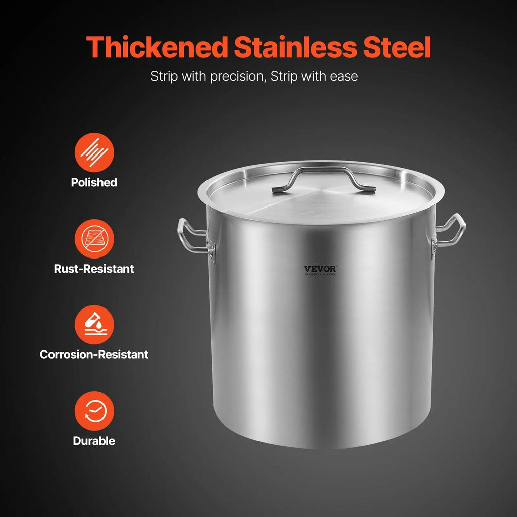 A polished thickened stainless steel 53qt stockpot with lid and two side handles for cooking
