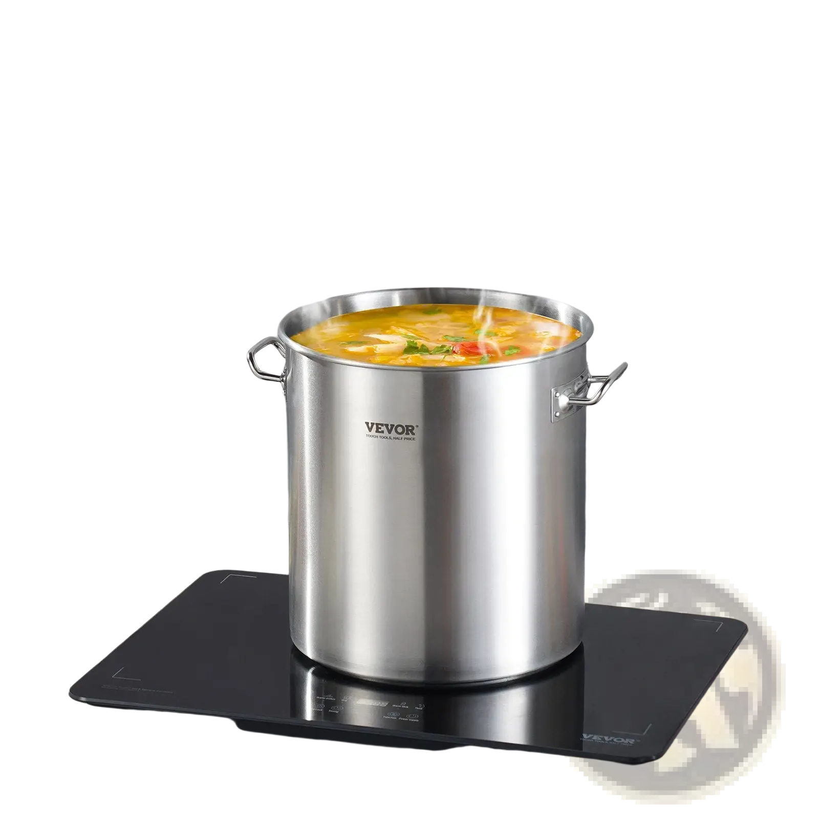 53qt stainless steel vevoor stockpot with dual handles filled with steaming soup and included lid
