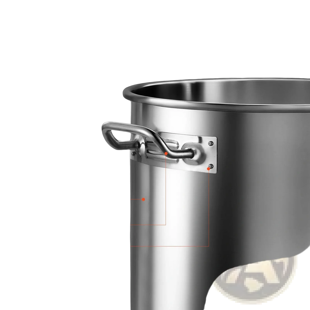 53qt stainless steel stockpot with lid featuring riveted handles and dual screw secured grips in silver color