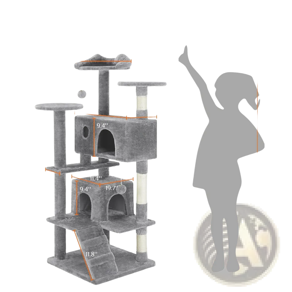 Gray 54 inch multi level cat tree tower with carpeted platforms sisal scratching posts and enclosed hideaways