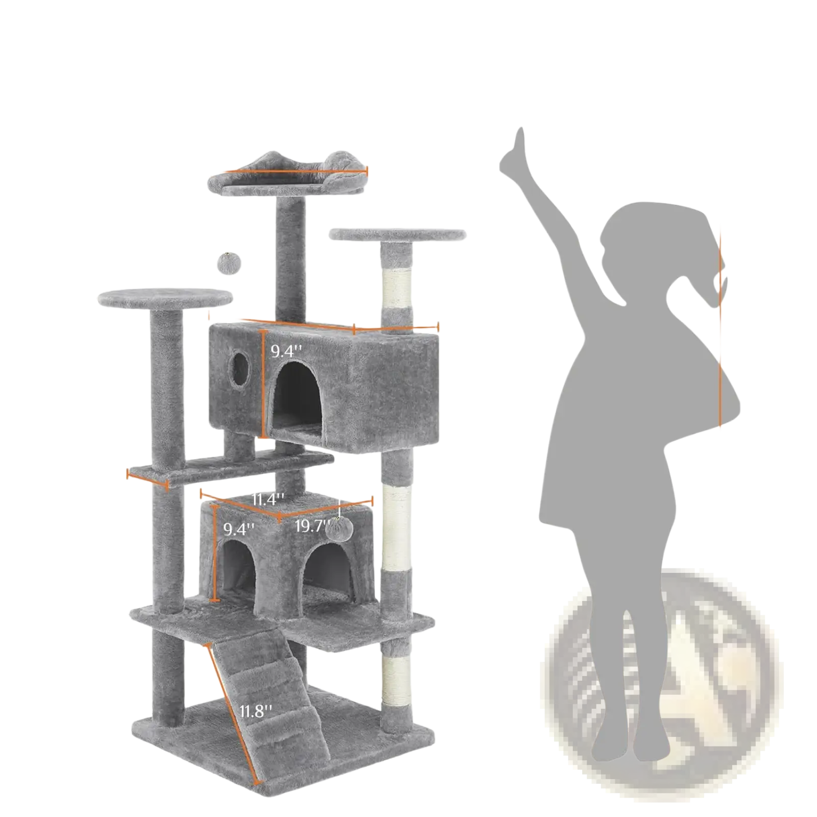 Gray 54 inch multi level cat tree tower with carpeted platforms sisal scratching posts and enclosed hideaways