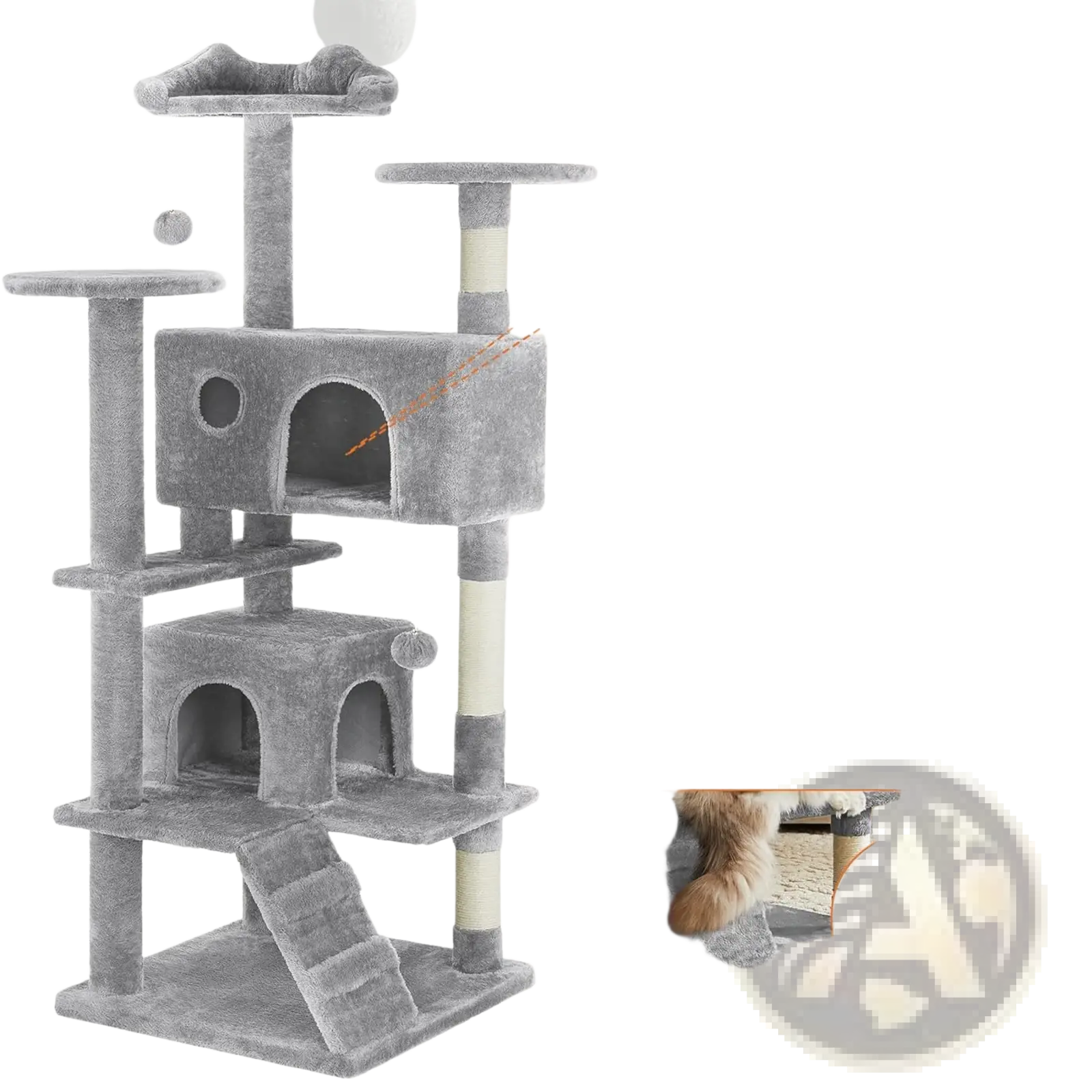 Gray 54 inch multi level cat tree tower with sisal scratching posts and plush platforms for cats