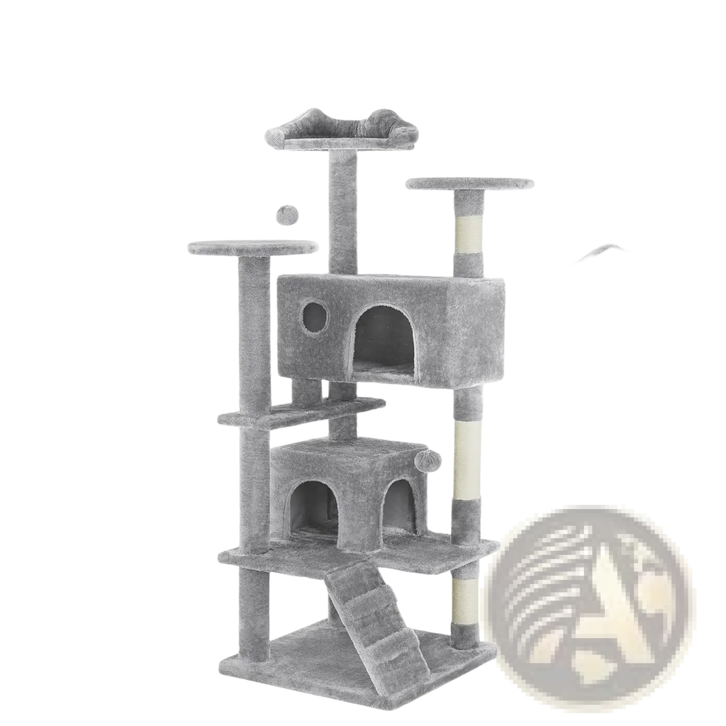 Gray 54 inch multi level cat tree tower with plush carpet surfaces and sisal rope scratching post for climbing