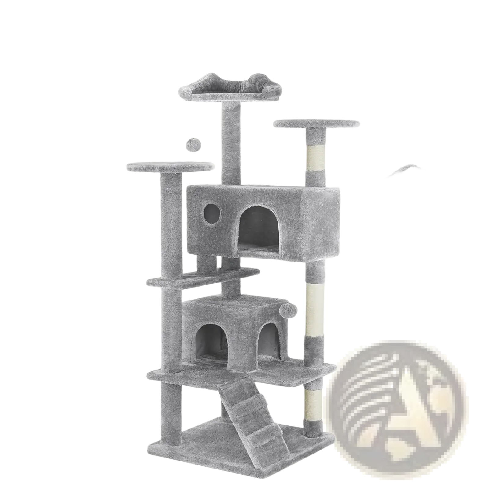 Gray 54 inch multi level cat tree tower with plush carpet surfaces and sisal rope scratching post for climbing