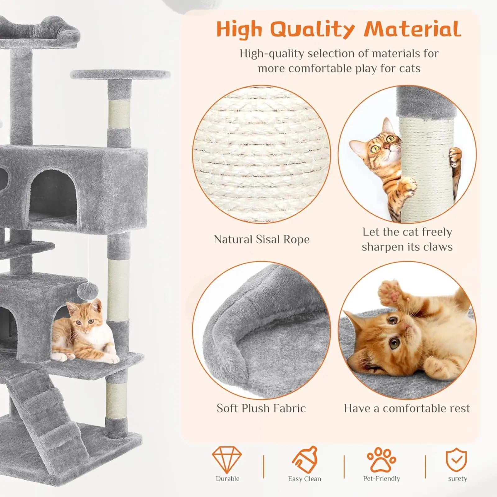 Gray 54 inch multi level cat tree tower with natural sisal rope scratching posts and soft plush fabric platforms