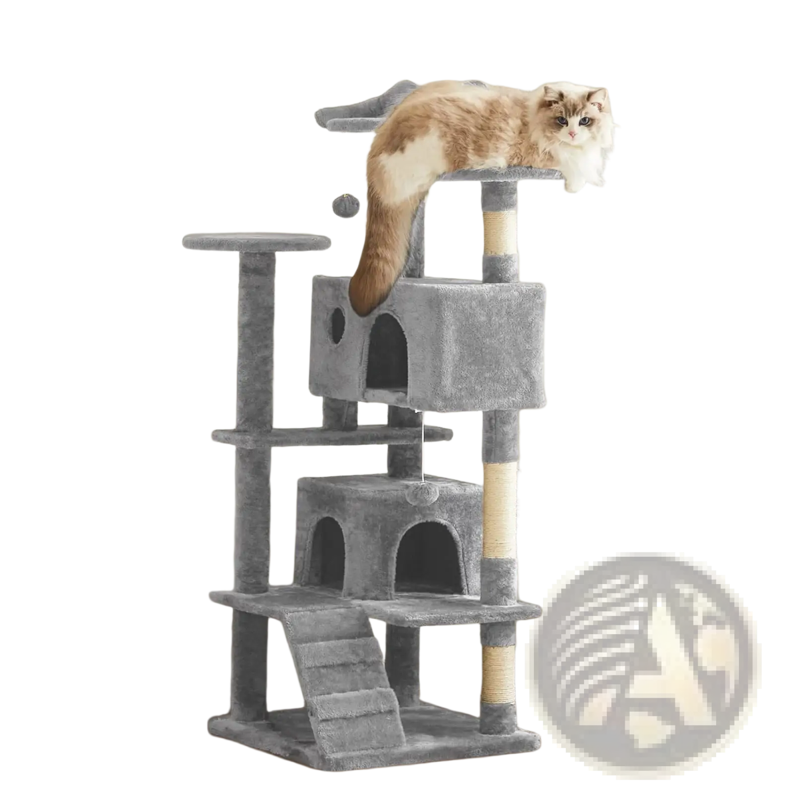 Gray plush 54 inch multi level cat tree tower with sisal scratching posts and multiple platforms for cats