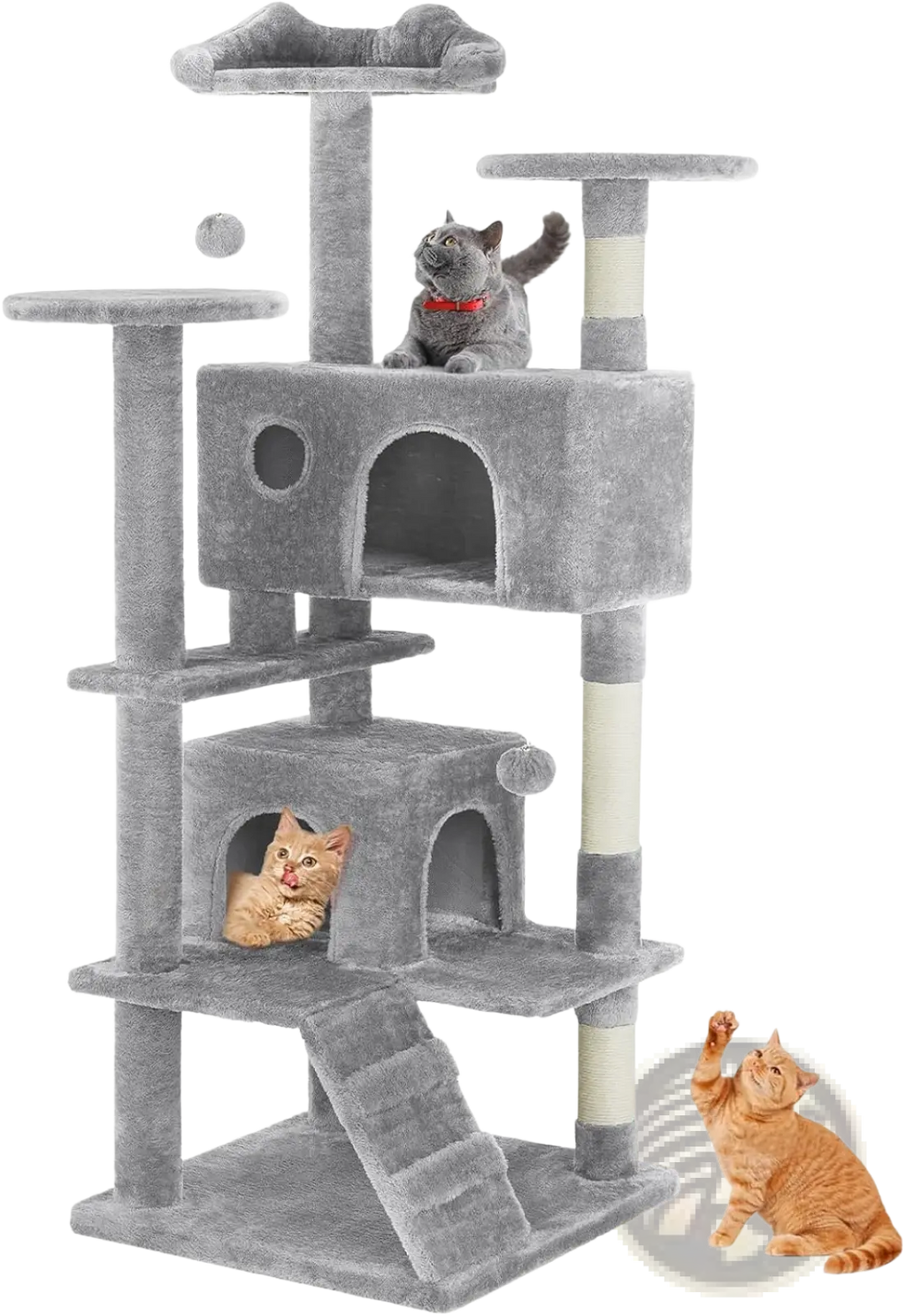 Gray plush 54 inch multi level cat tree tower with sisal scratching posts and multiple platforms for cats