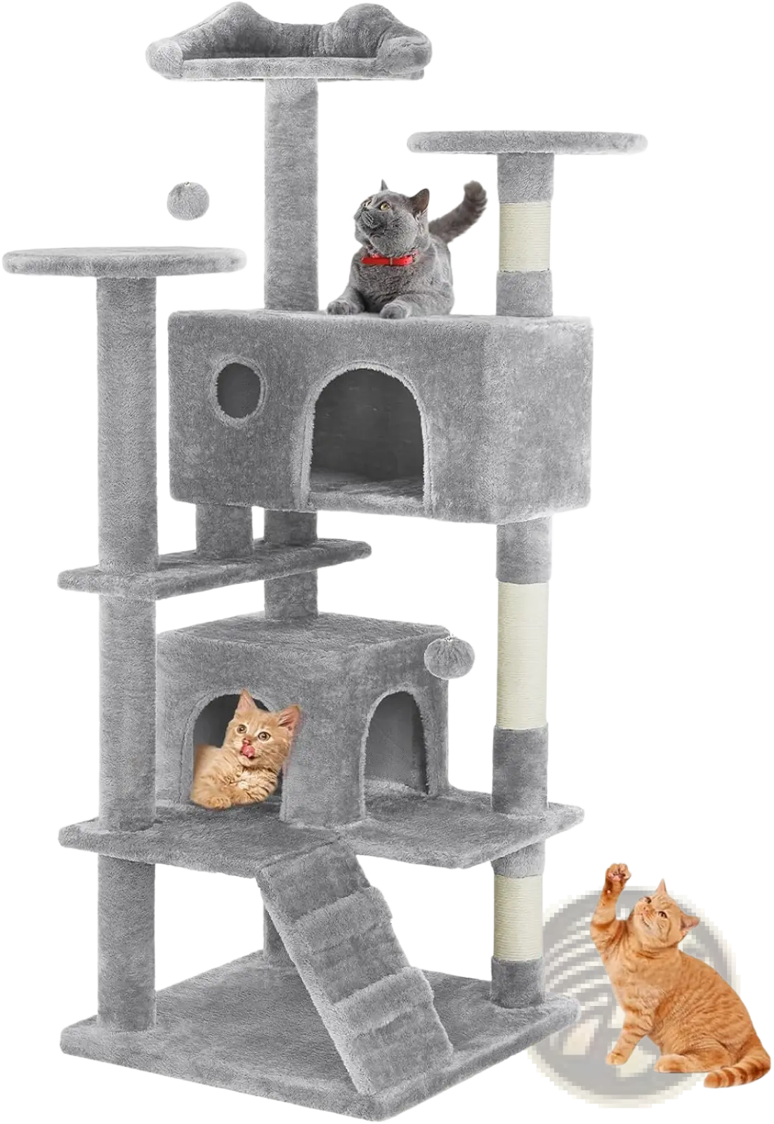 Gray plush 54 inch multi level cat tree tower with sisal scratching posts and multiple platforms for cats