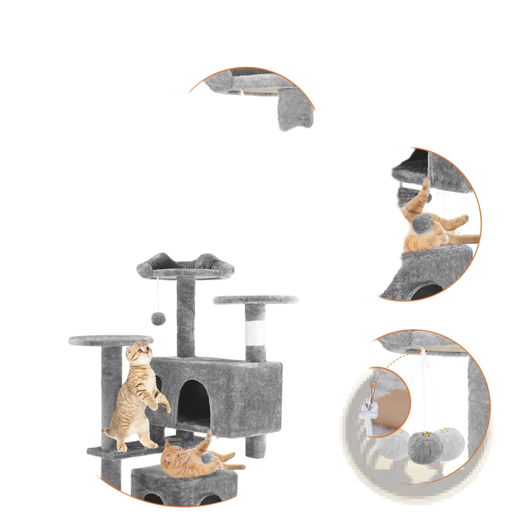 Gray 54 inch multi level cat tree tower with plush carpeted surfaces sisal post and dangling interactive toys