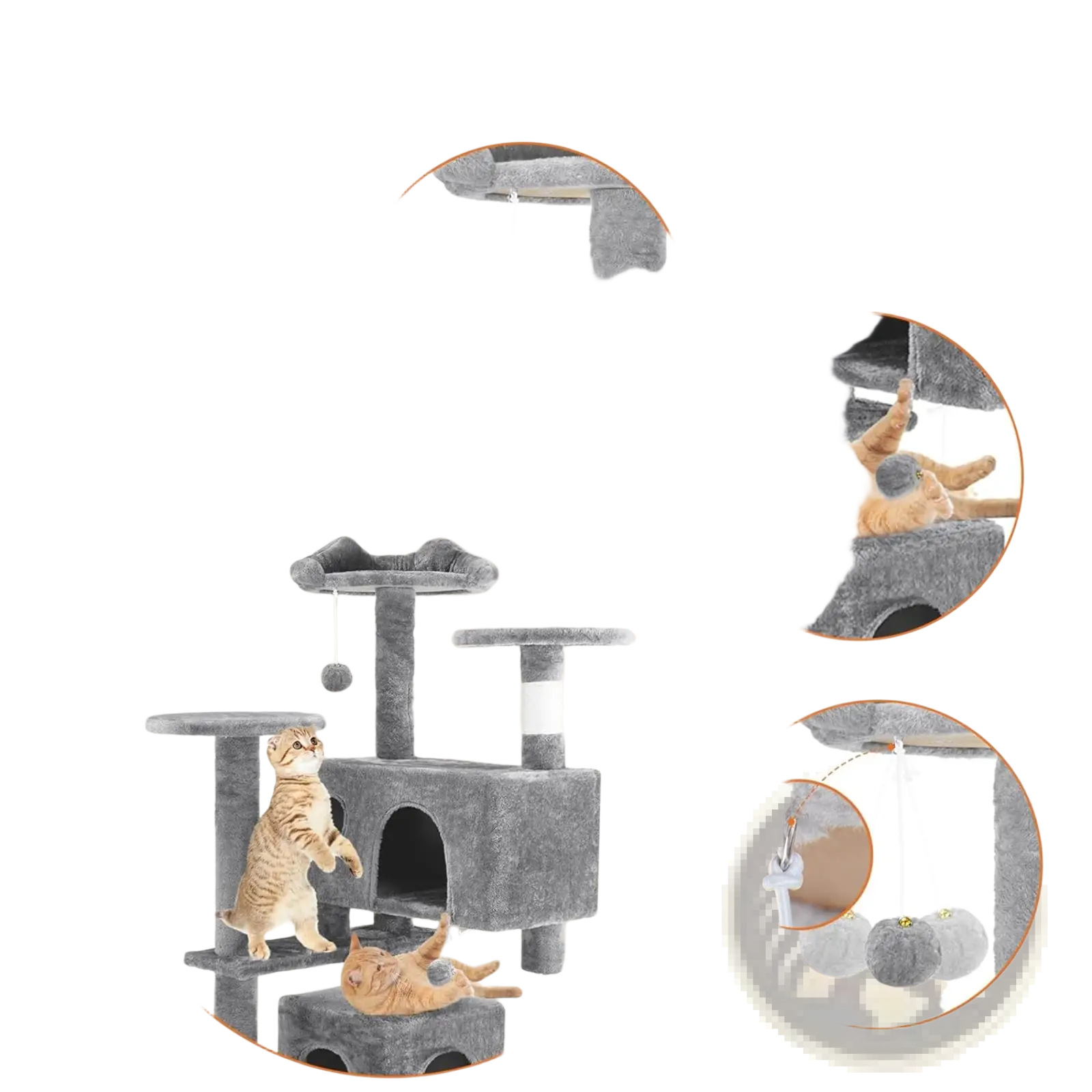 Gray 54 inch multi level cat tree tower with plush carpeted surfaces sisal post and dangling interactive toys