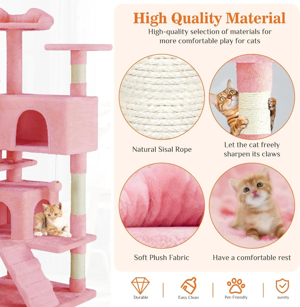 54 inch multi level cat tree tower in pink with soft plush fabric and natural sisal rope scratching posts