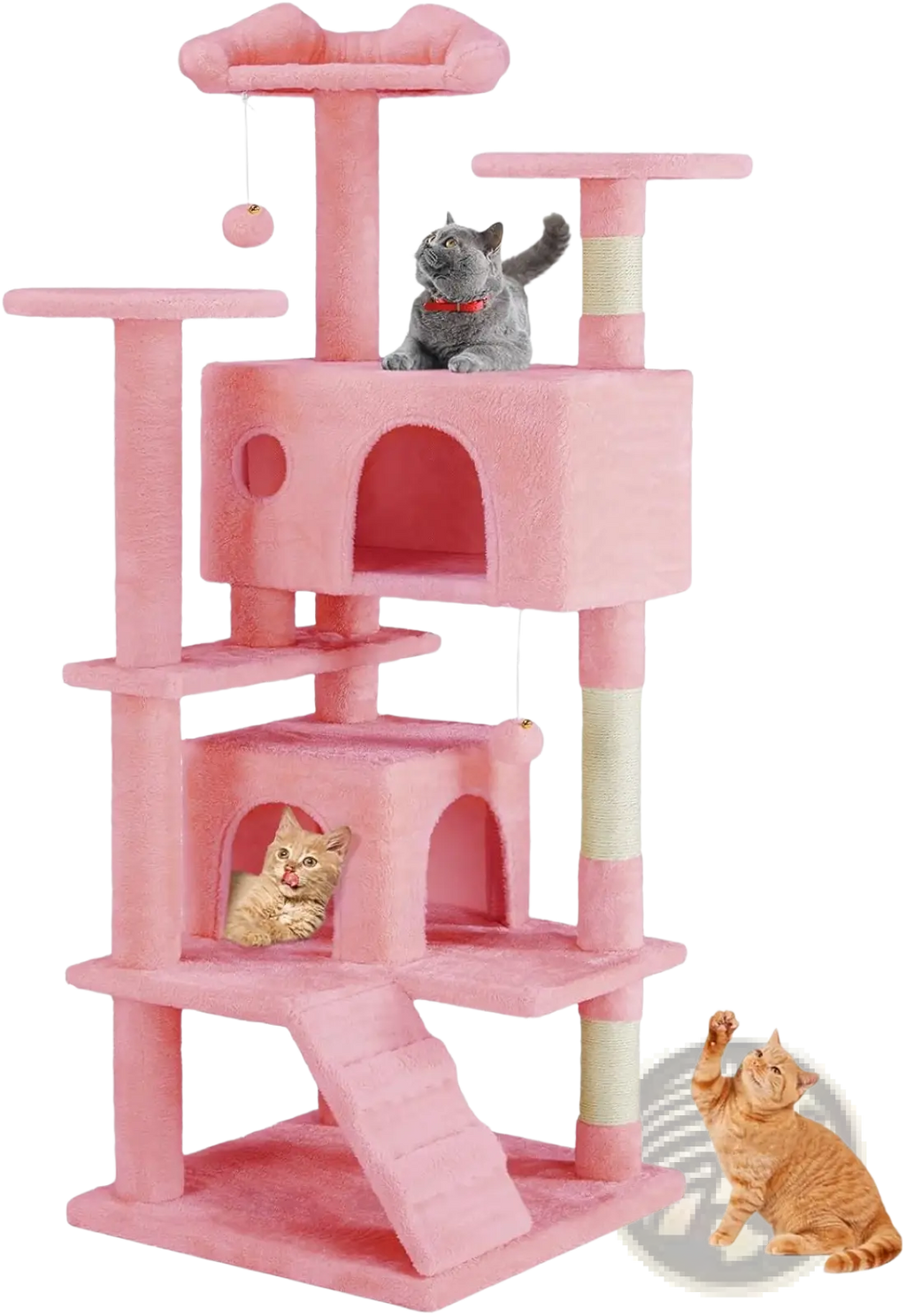 Pink 54 inch multi level cat tree tower with soft fabric surfaces sisal rope scratching posts and hanging ball toy